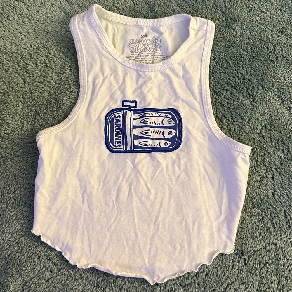 White Cropped Tank Top with Blue Graphic